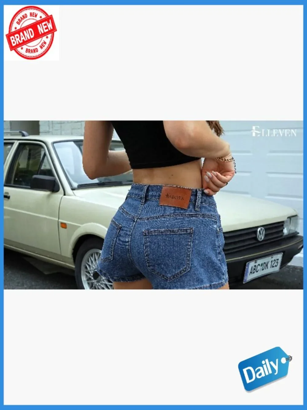 Baggy Low Rise Denim Shorts with Leather Patch High Stretch